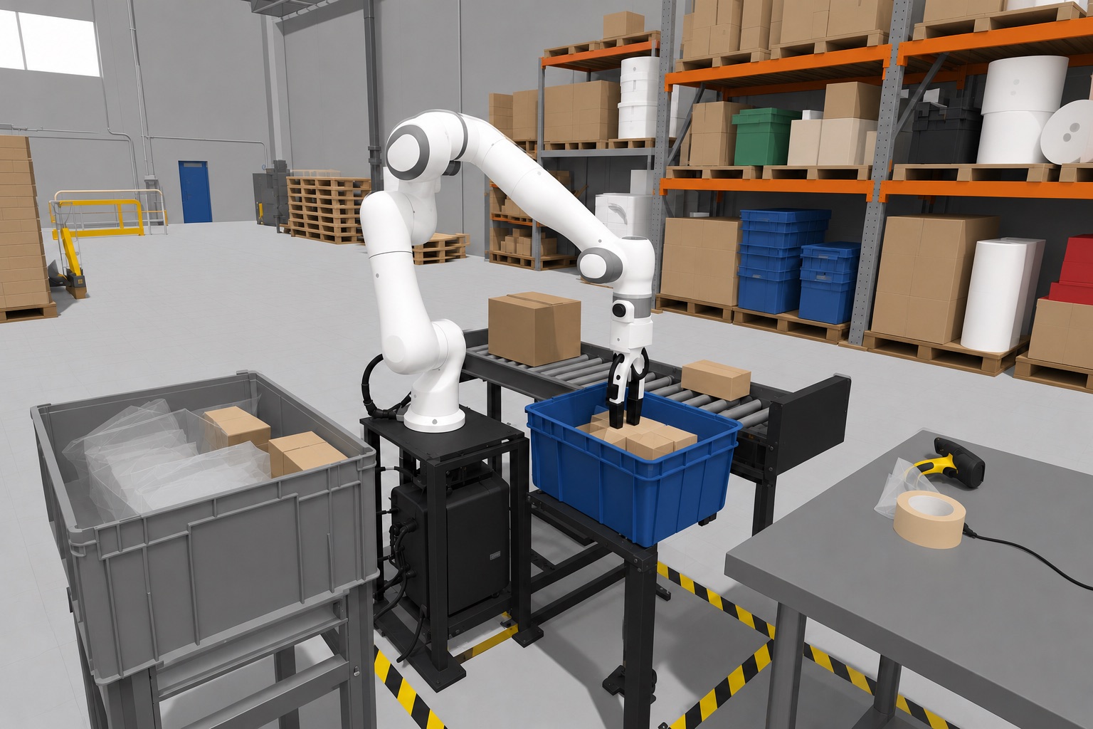 A warehouse packing station in Gazebo