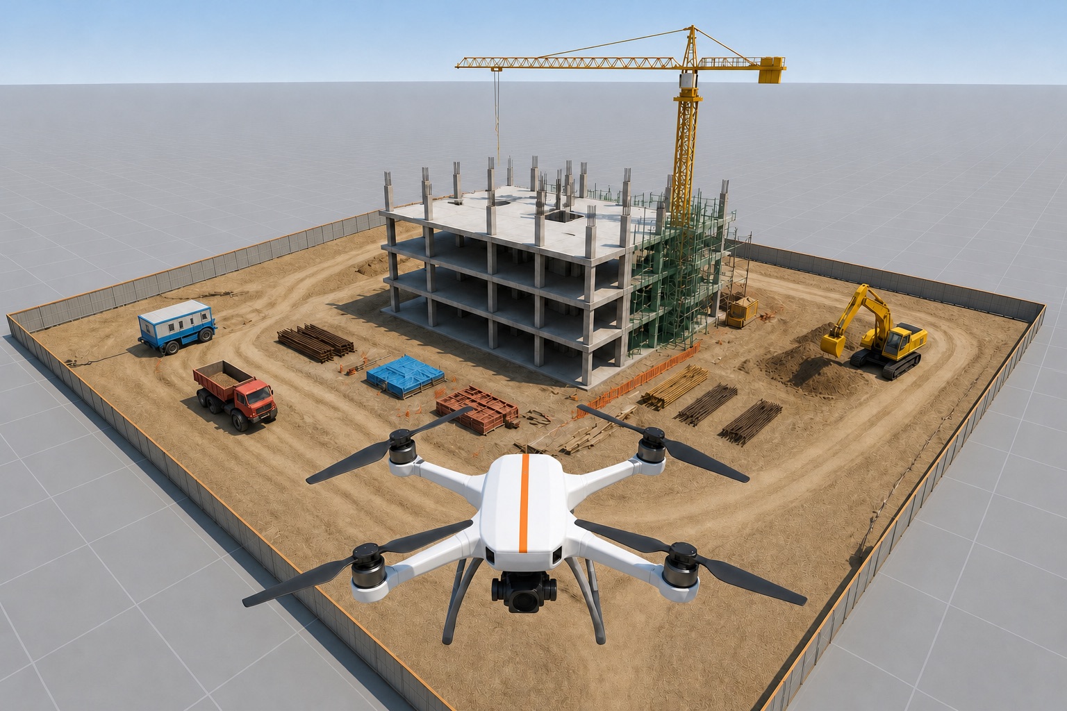 A survey drone over a construction site in Isaac Sim